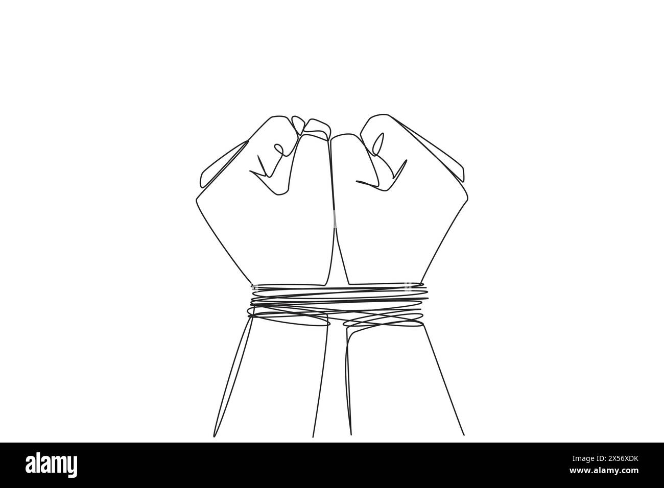 Single one line drawing of hand tied with rope. Entrepreneur involved in bribery case. Looking for profits without rules. Arrested. Detained. Impoveri Stock Vector