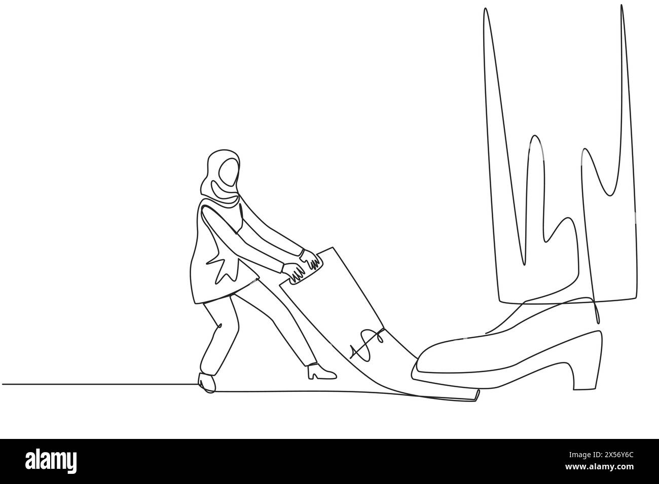 Single continuous line drawing Arab businesswoman pulling banknotes