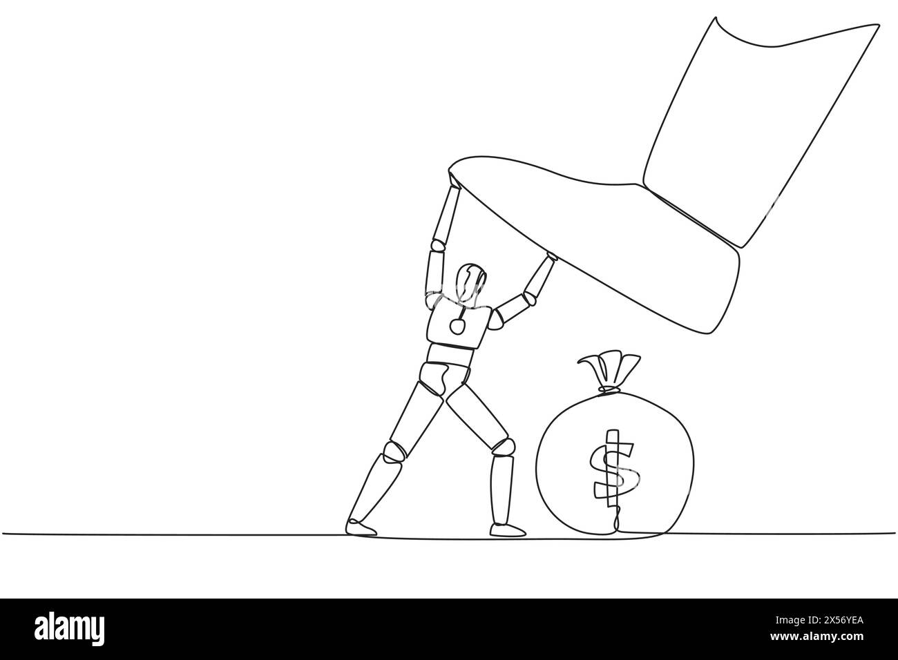 Continuous one line drawing the new robot holds back the giant foot