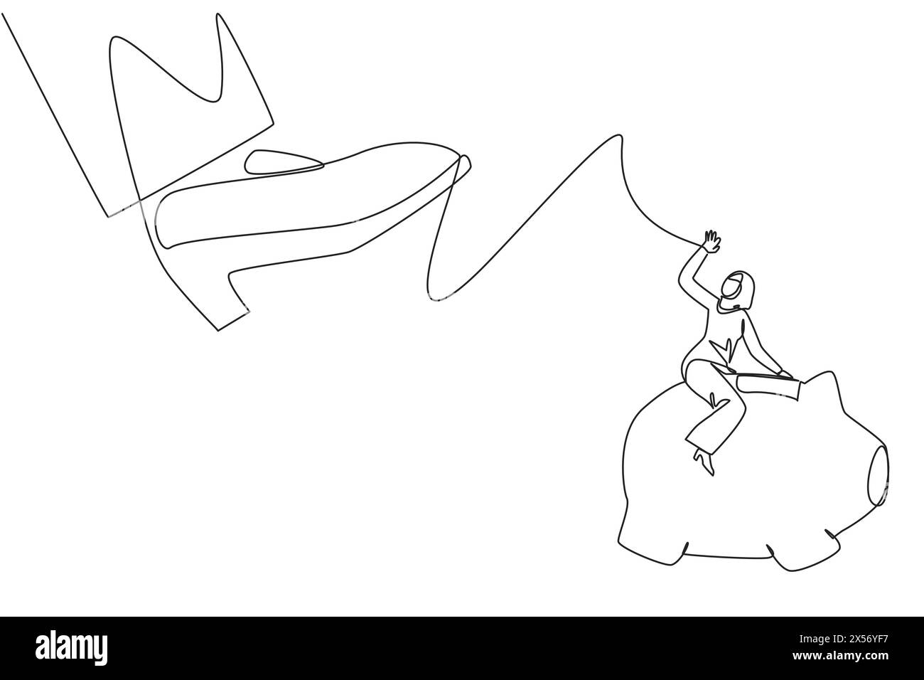 Single one line drawing Arabian businesswoman riding a piggy bank runs away from giant foot. Add expertise to acquire assets elsewhere. For a better f Stock Vector