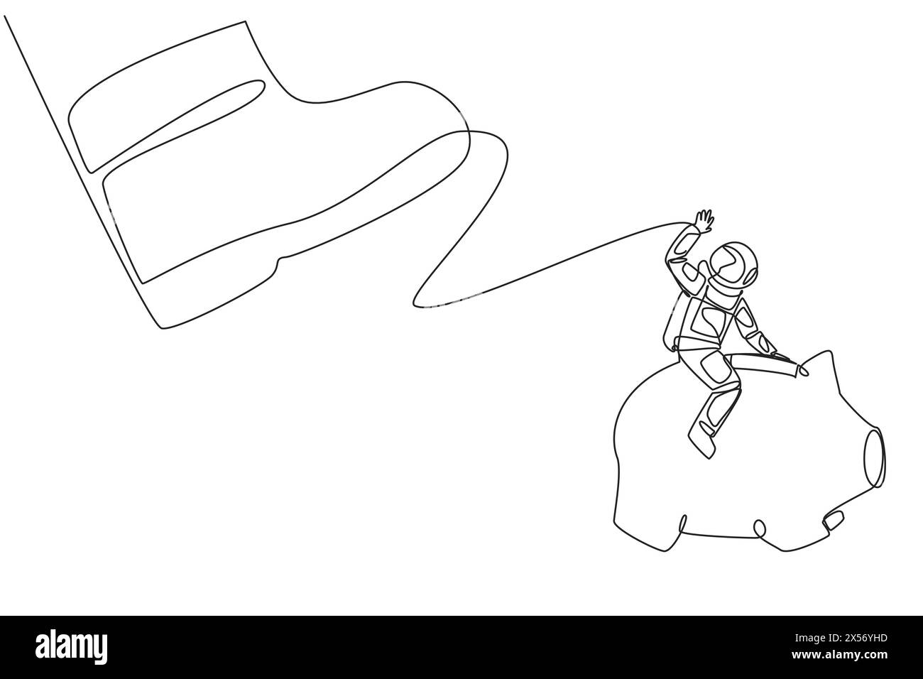 Continuous one line drawing astronaut riding piggy bank runs away from