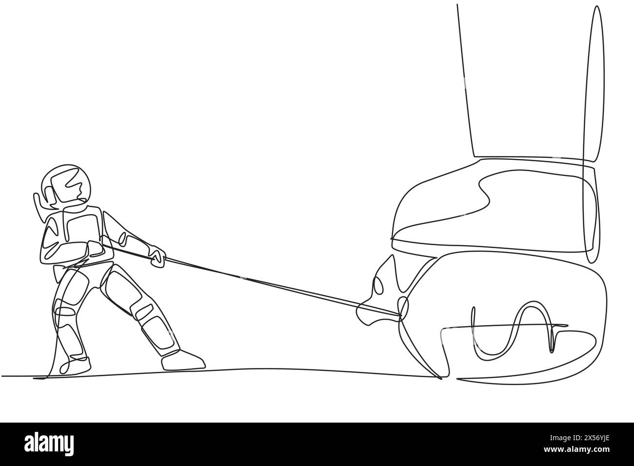 Single one line drawing astronaut tries to take money bag stepped on by ...