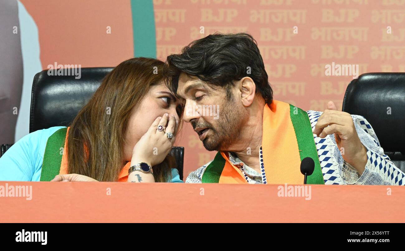 India. 07th May, 2024. NEW DELHI, INDIA - MAY 7: Bollywood actor Shekhar Suman talking with former congress leader Radhika Khera during the join BJP in presence of General secretary of Bharatiya Janata Party Vinod Tawde, National Chief Spokesperson of the BJP Anil Baluni, and others at BJP HQ on May 7, 2024 in New Delhi, India. (Photo by Sonu Mehta/Hindustan Times/Sipa USA) Credit: Sipa USA/Alamy Live News Stock Photo