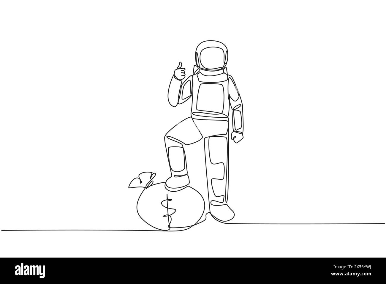 Continuous one line drawing astronaut stands with thumbs up pose and ...