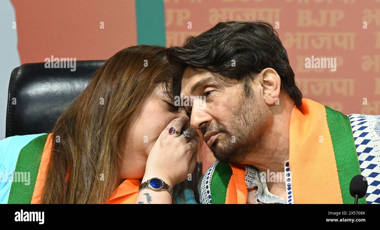India. 07th May, 2024. NEW DELHI, INDIA - MAY 7: Bollywood actor Shekhar Suman talking with former congress leader Radhika Khera during the join BJP in presence of General secretary of Bharatiya Janata Party Vinod Tawde, National Chief Spokesperson of the BJP Anil Baluni, and others at BJP HQ on May 7, 2024 in New Delhi, India. (Photo by Sonu Mehta/Hindustan Times/Sipa USA) Credit: Sipa USA/Alamy Live News Stock Photo