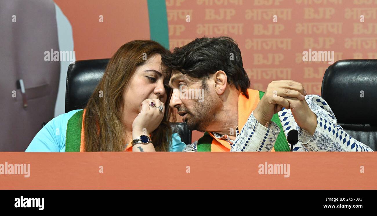 India. 07th May, 2024. NEW DELHI, INDIA - MAY 7: Bollywood actor Shekhar Suman talking with former congress leader Radhika Khera during the join BJP in presence of General secretary of Bharatiya Janata Party Vinod Tawde, National Chief Spokesperson of the BJP Anil Baluni, and others at BJP HQ on May 7, 2024 in New Delhi, India. (Photo by Sonu Mehta/Hindustan Times/Sipa USA) Credit: Sipa USA/Alamy Live News Stock Photo