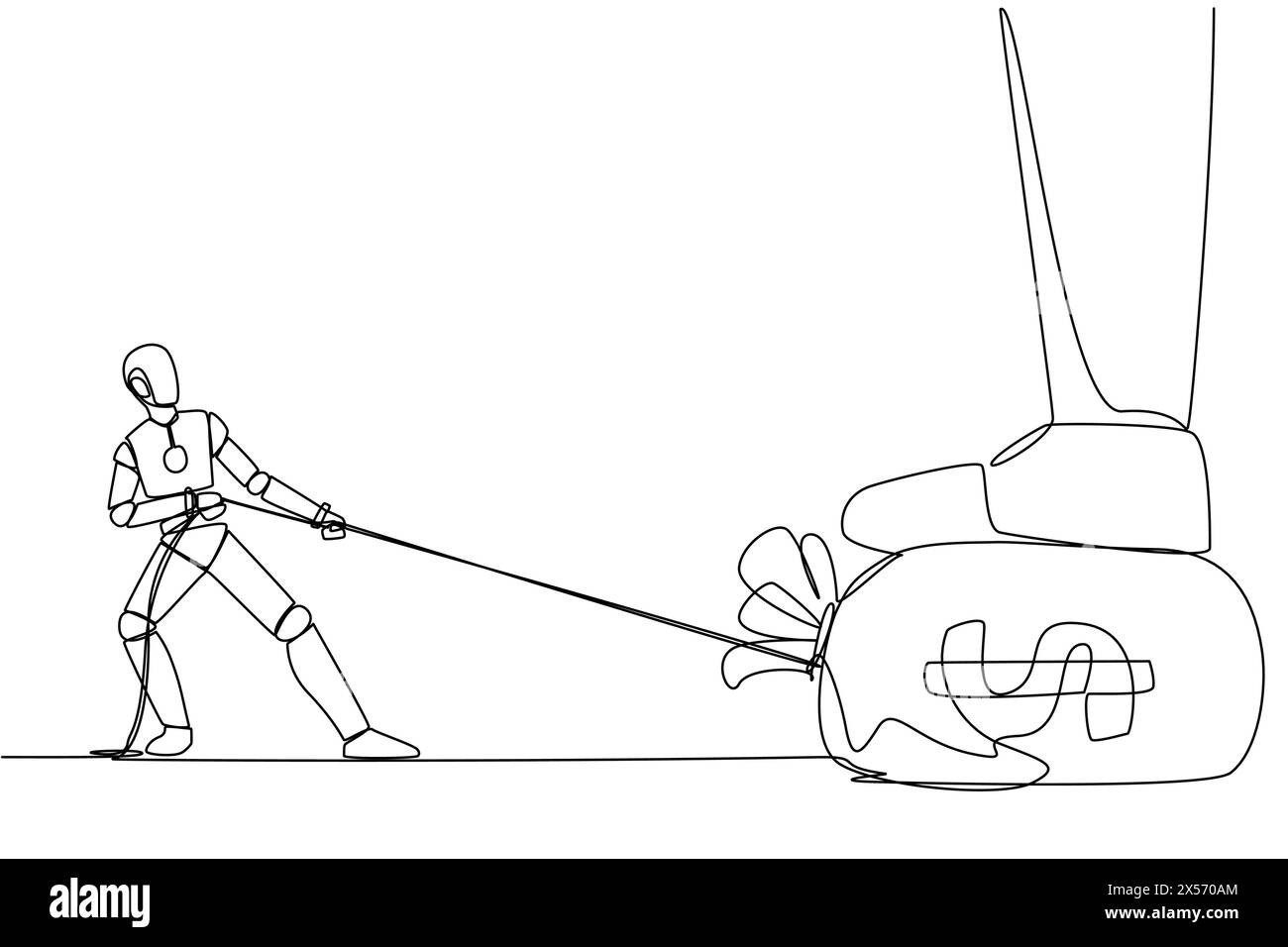 Continuous one line drawing robot tries to take money bag stepped on by giant foot with the rope. Warrior robot. Programmed to always do good. Future Stock Vector