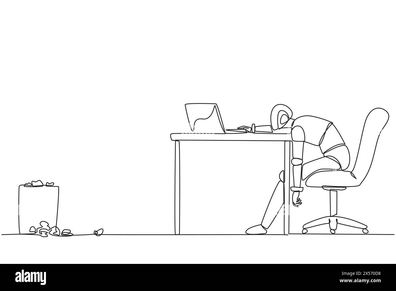 Single continuous line drawing robot sitting in a work chair looking ...