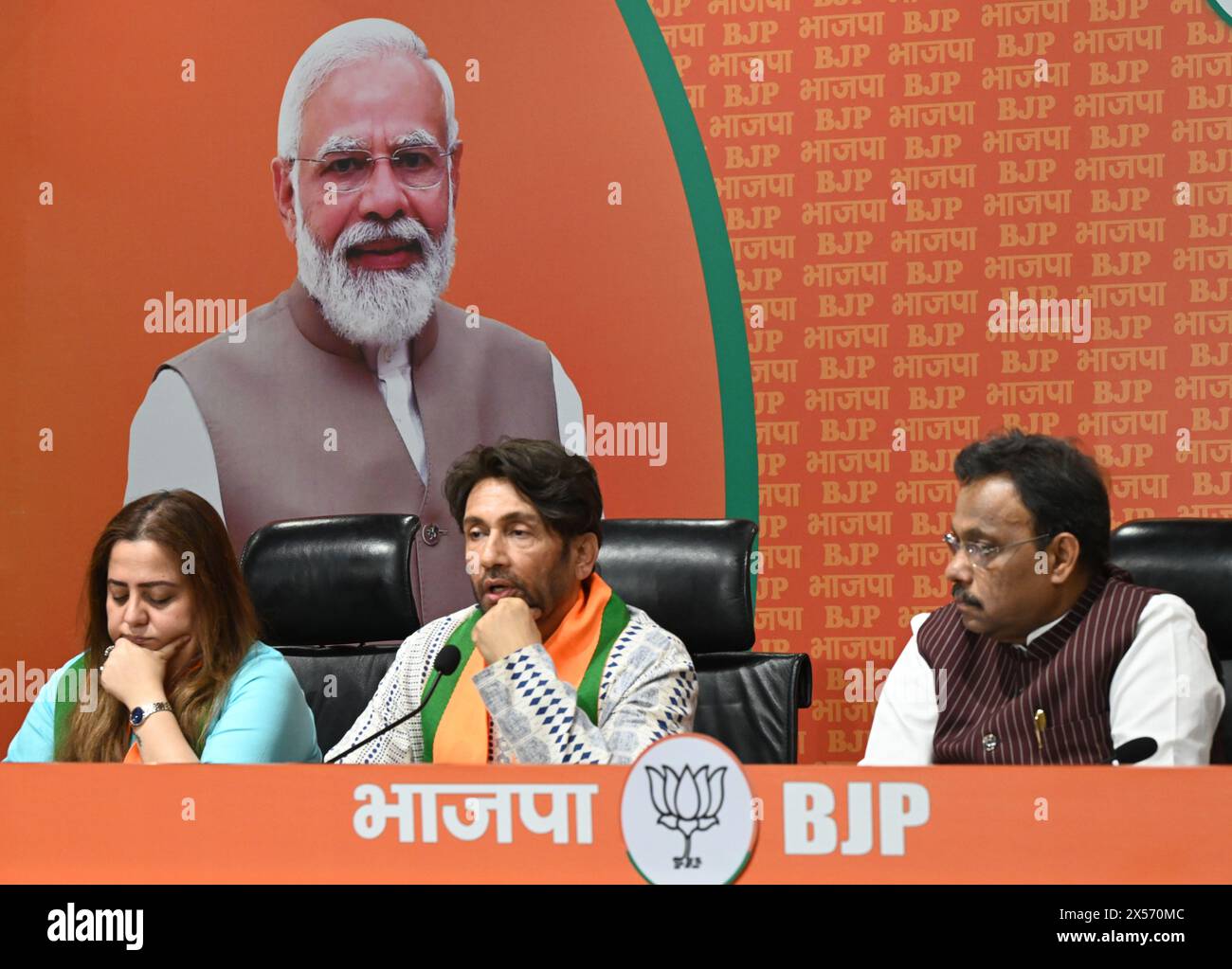 India. 07th May, 2024. NEW DELHI, INDIA - MAY 7: Bollywood actor Shekhar Suman and former congress leader Radhika Khera join BJP in presence of General secretary of Bharatiya Janata Party Vinod Tawde, National Chief Spokesperson of the BJP Anil Baluni, and others at BJP HQ on May 7, 2024 in New Delhi, India. (Photo by Sonu Mehta/Hindustan Times/Sipa USA) Credit: Sipa USA/Alamy Live News Stock Photo