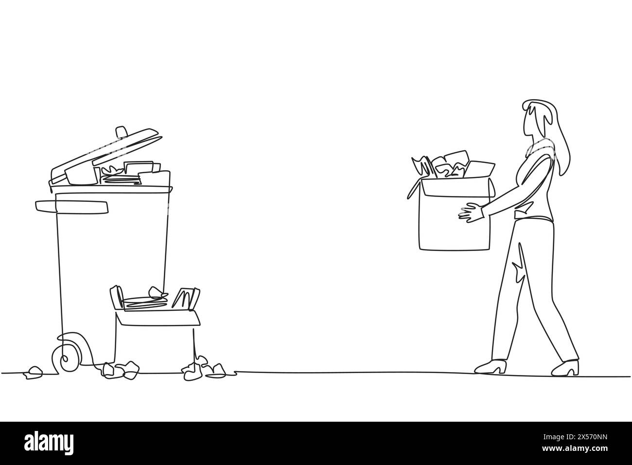 Continuous one line drawing businesswoman carrying a cardboard box full