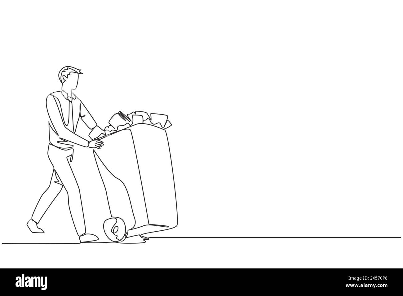 Continuous one line drawing businessman pushing a trash can filled with