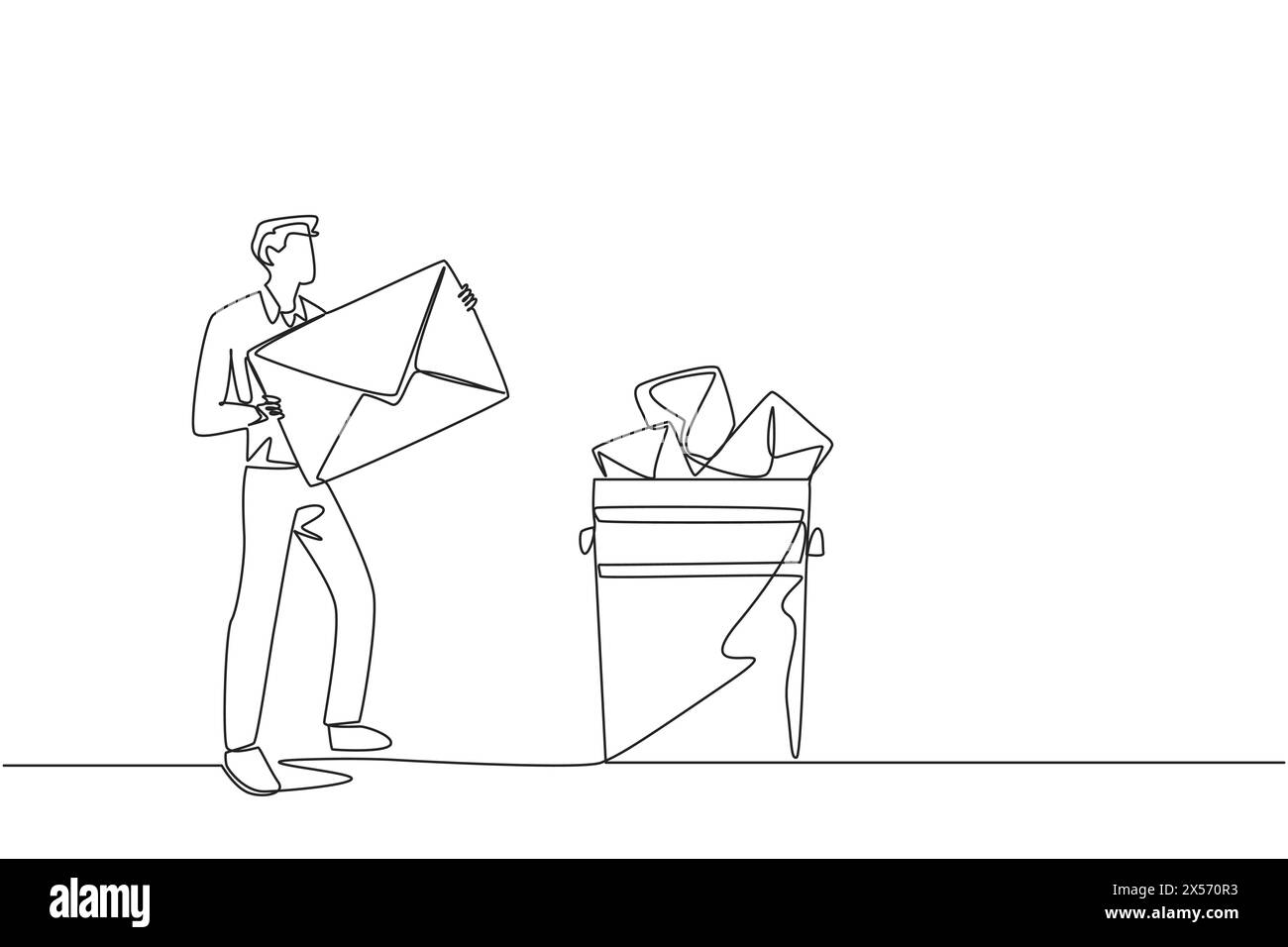 Continuous one line drawing businessman throw large envelope in trash