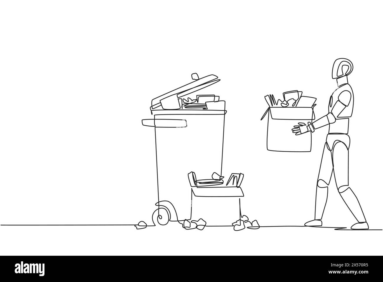 Single one line drawing robot carrying a cardboard box full of piles of ...