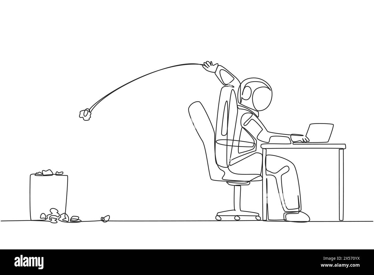 Single continuous line drawing astronaut typing at a work desk throwing wads of paper into trash. Creating scientific journal of space expeditions tha Stock Vector