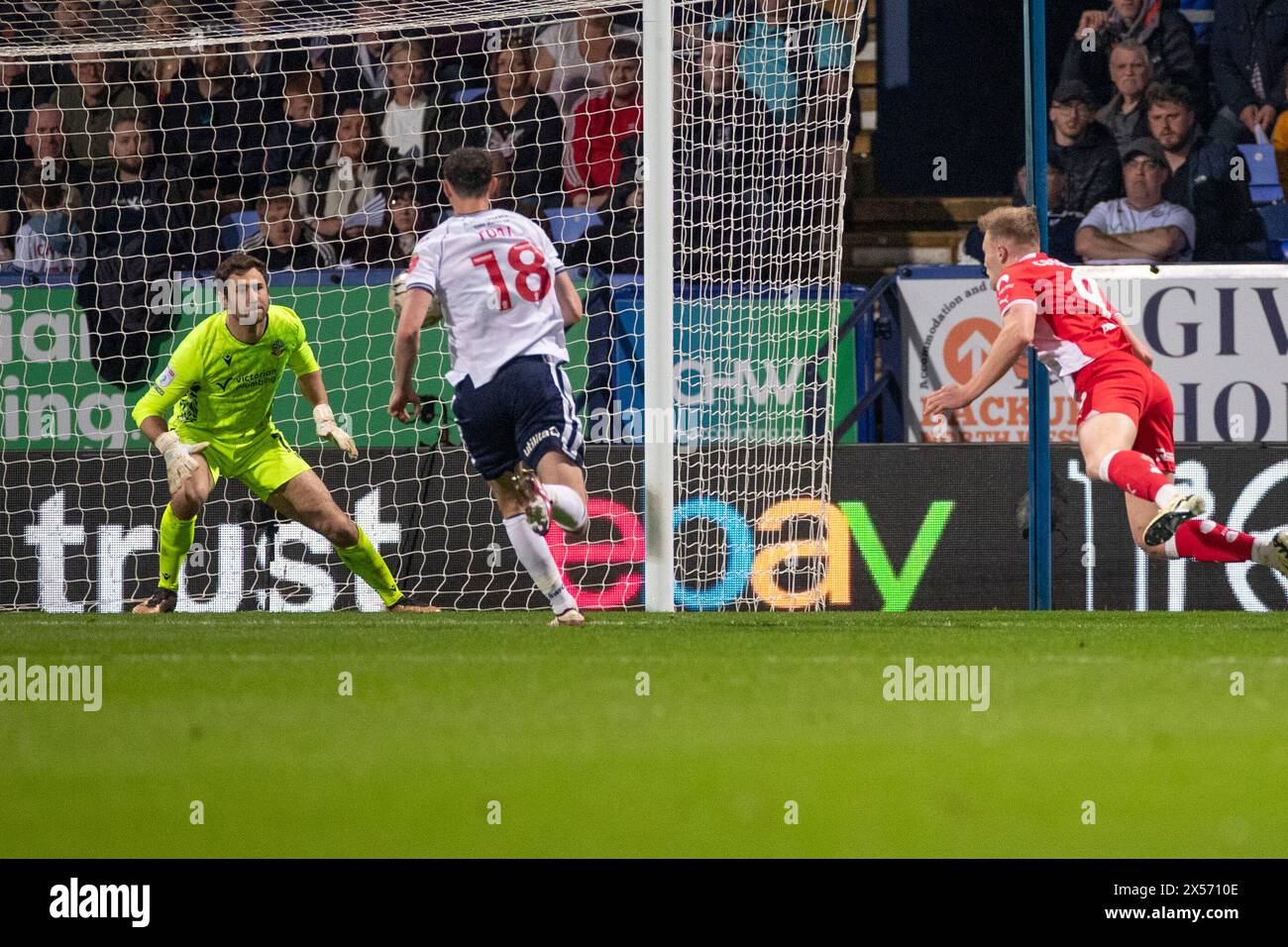 Sam Cosgrove #9 of Barnsley F.C scores a goal during the Sky Bet League 1 Play Off Semi Final 2nd leg between Bolton Wanderers and Barnsley at the Toughsheet Stadium, Bolton on Tuesday 7th May 2024. (Photo: Mike Morese | MI News) Credit: MI News & Sport /Alamy Live News Stock Photo