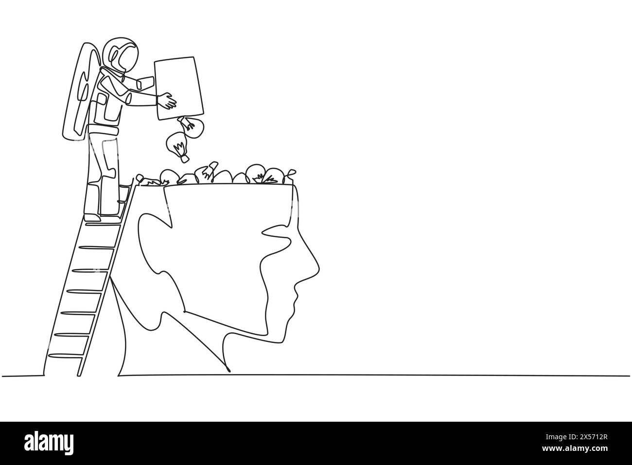 Single one line drawing astronaut climb to the large, open head with stairs. Throw away