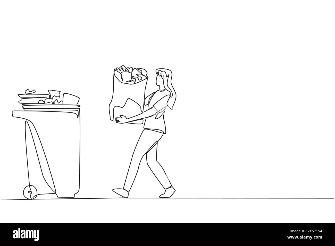 Single continuous line drawing young woman walked carrying a trash bag in both hands towards the