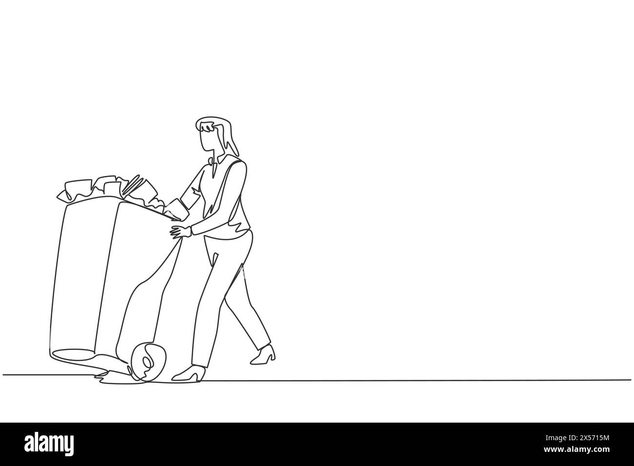 Single one line drawing businesswoman pushing a trash can filled with