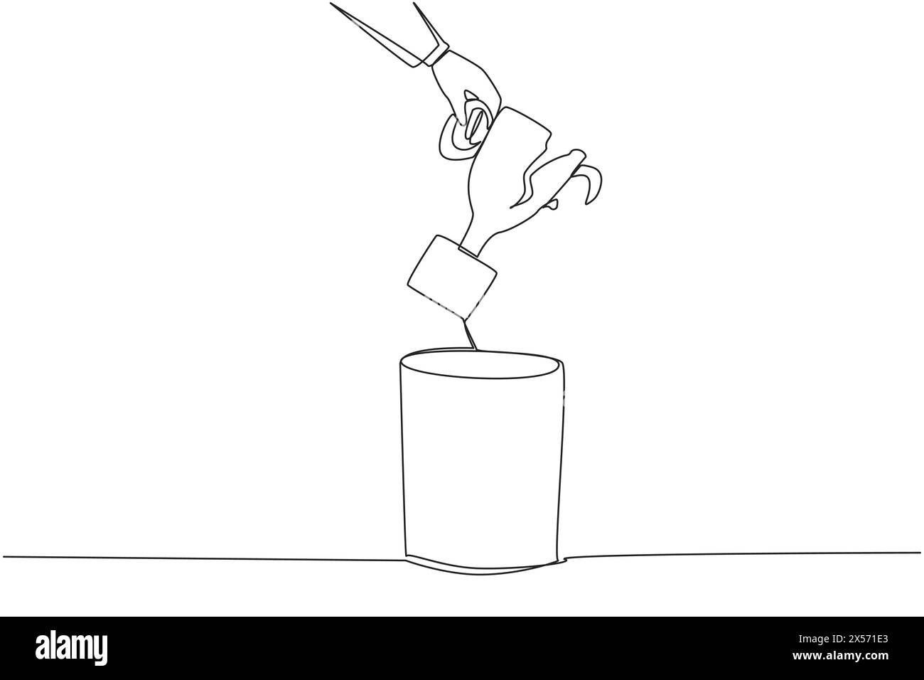 Continuous one line drawing businessman's hand throwing away broken