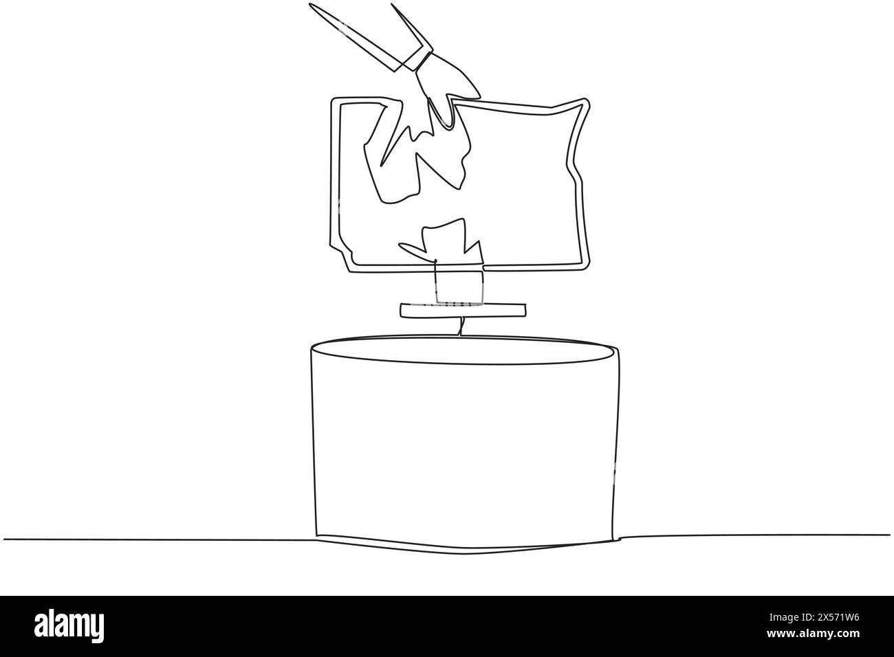 Single one line drawing businessman's hand throws away lcd monitor