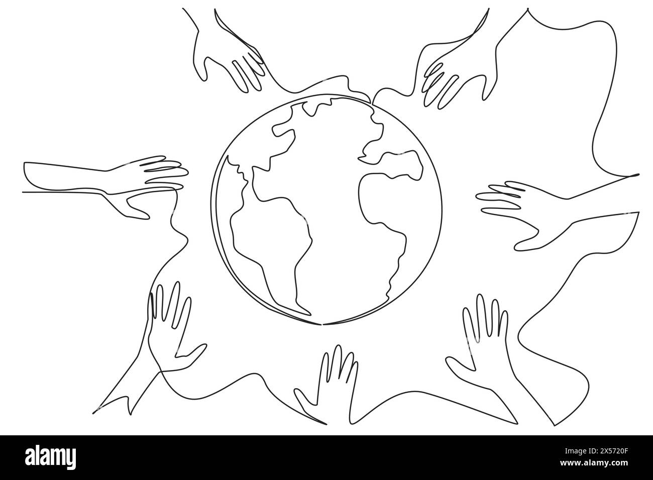 Single continuous line drawing some hands want to hold the globe ...