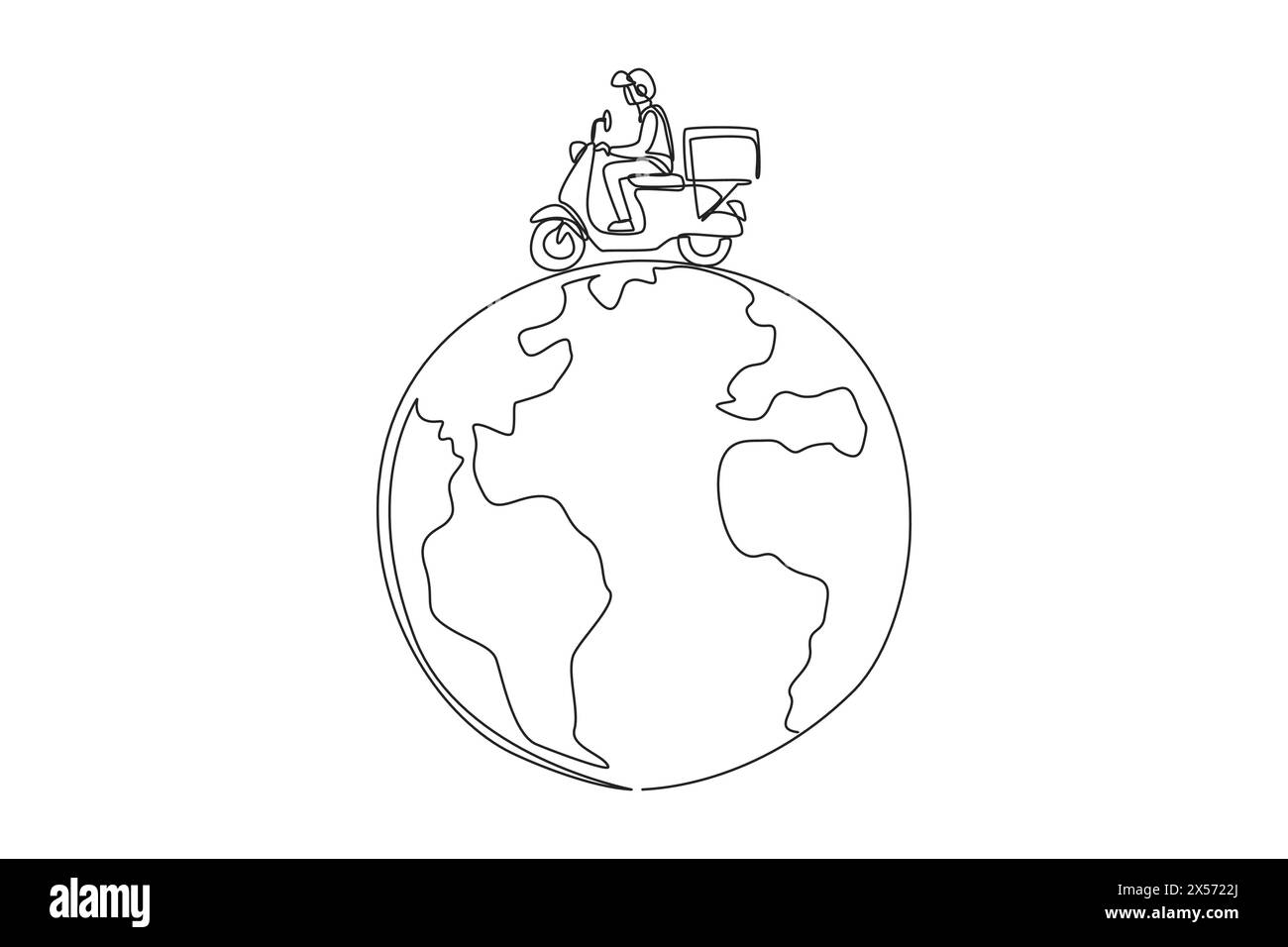 Single one line drawing a man riding package motorbike. Delivering
