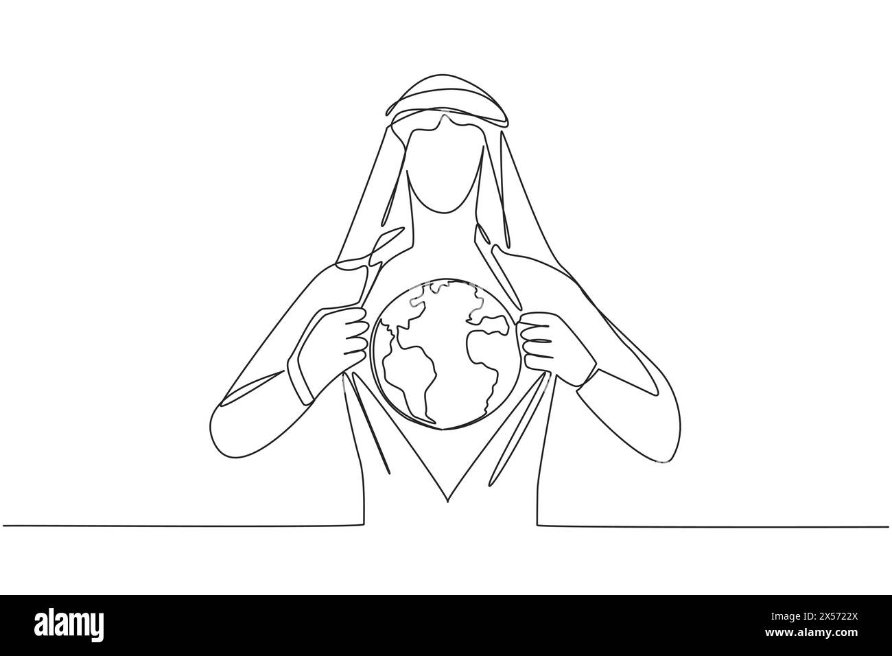 Continuous one line drawing Arab man unbuttons shirt revealing globe on ...