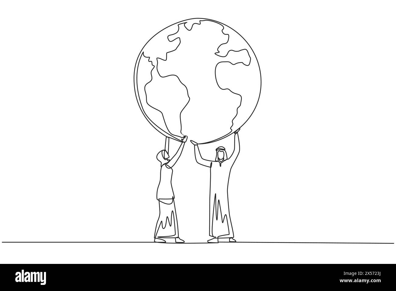 Single continuous line drawing Arab man and Arab woman hold up globe ...