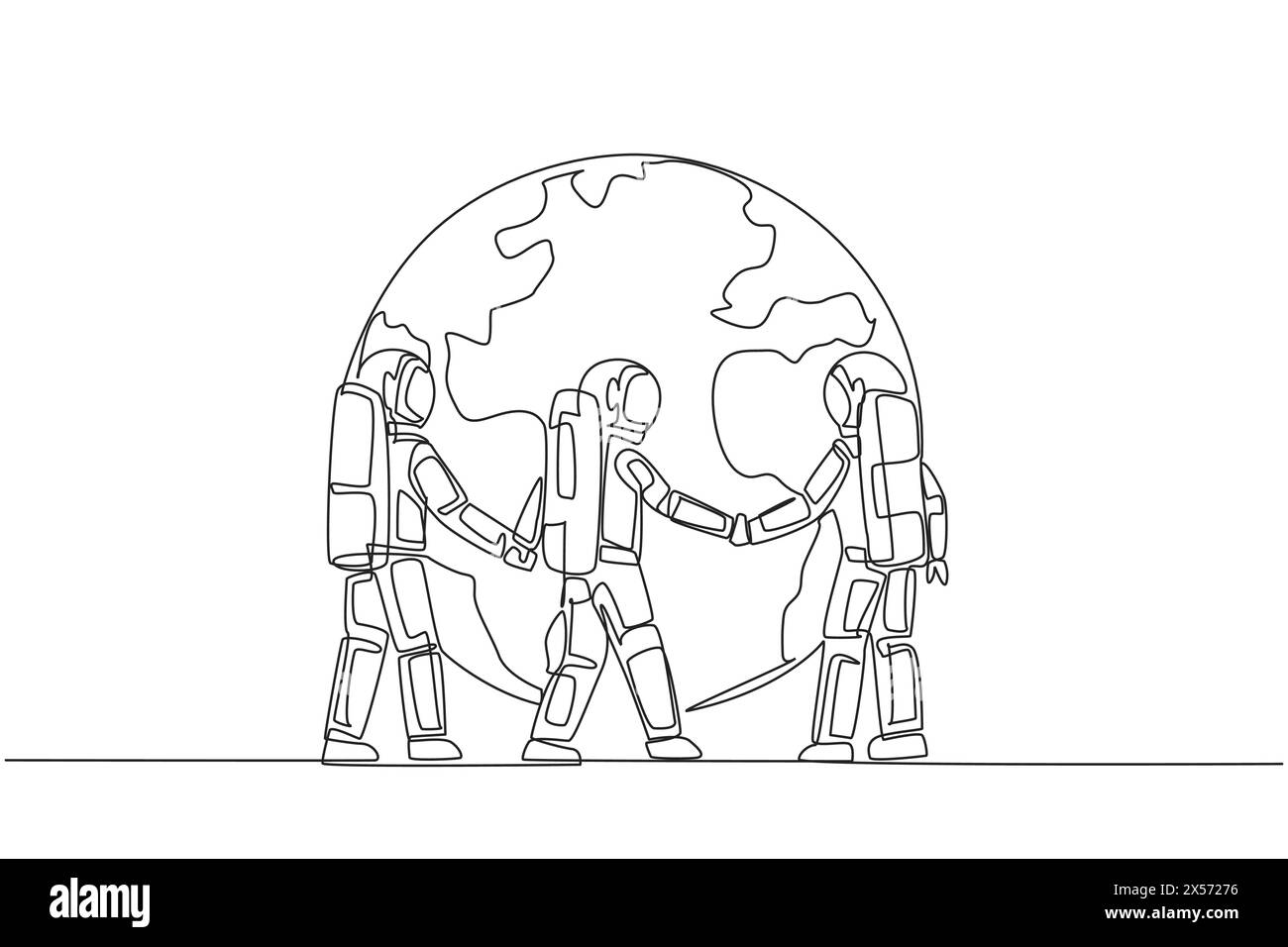 Single continuous line drawing group of astronauts standing arm in arm ...