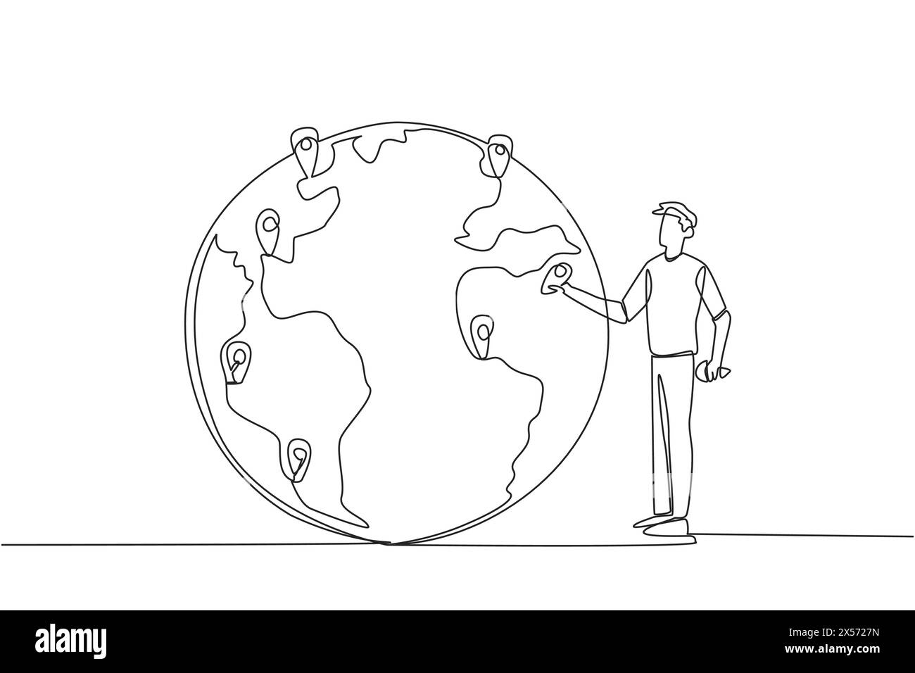 Single one line drawing man places a pin location point on surface of