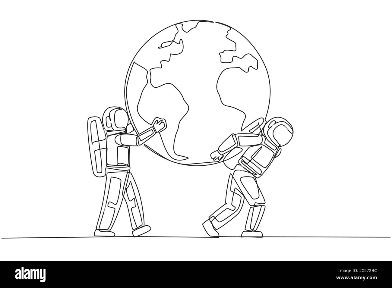 Continuous one line drawing globe is carried by astronaut assisted by ...
