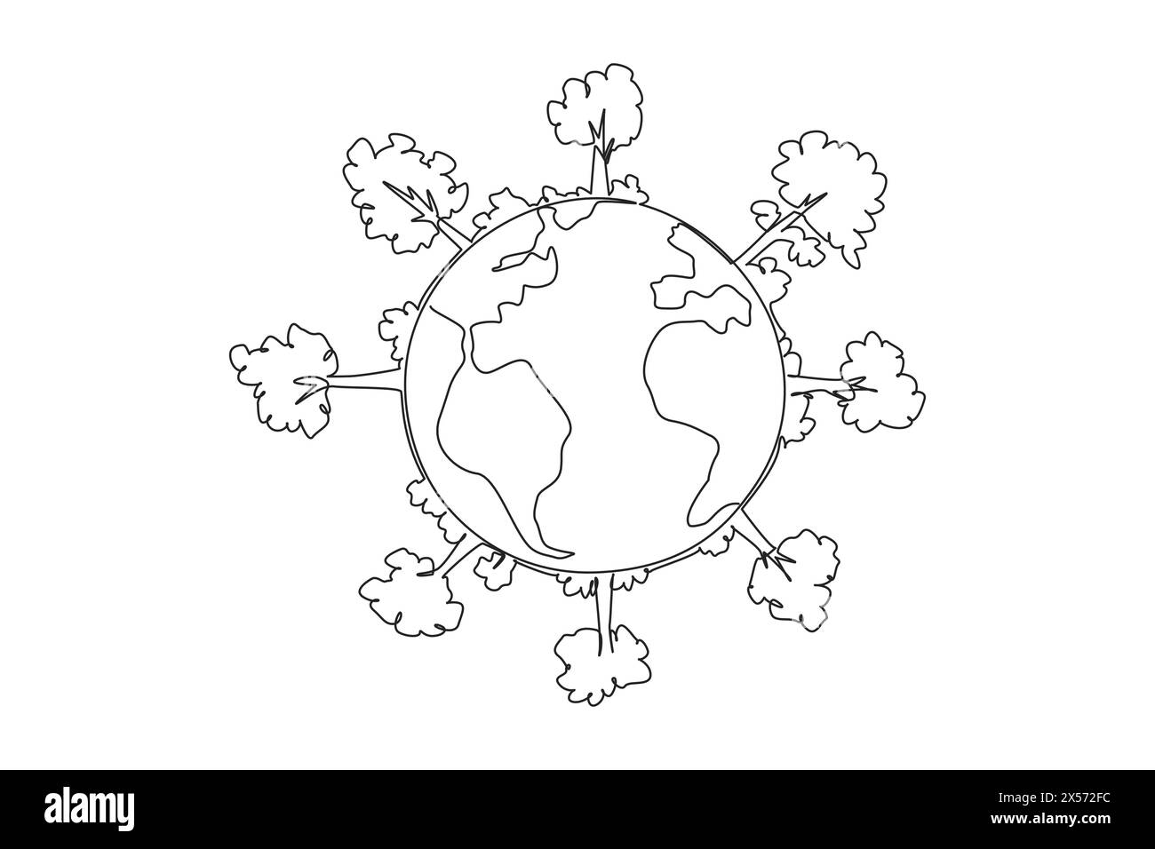 Single one line drawing globe with forest. Beautiful environment. Produces lot of oxygen. Natural food sources are available everywhere. Protect the e Stock Vector