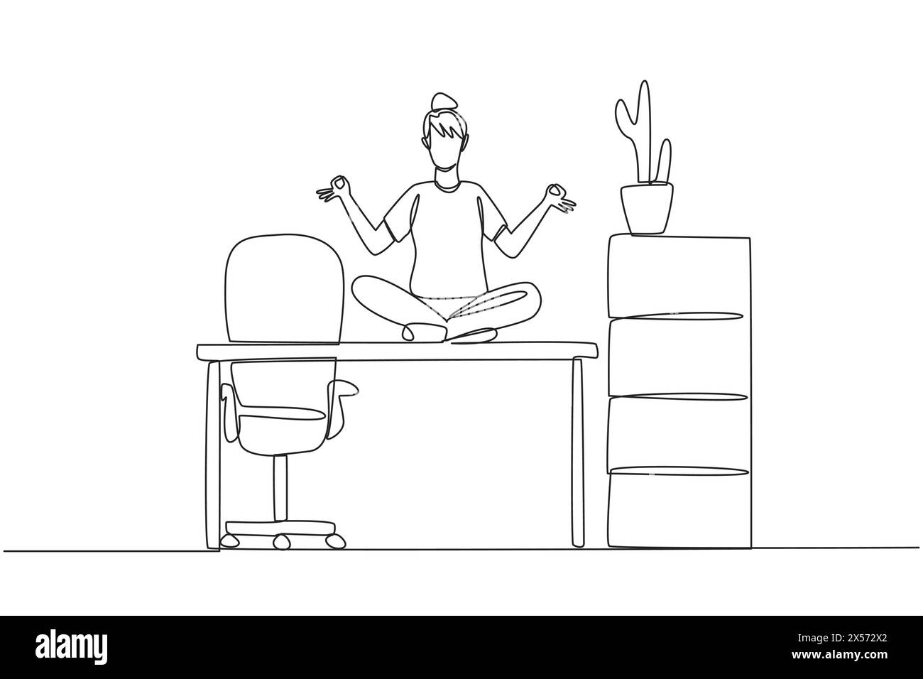 Single one line drawing woman sitting cross-legged on a work desk. Doing yoga movements at the office. For peace and quiet thinking. Overtime on weeke Stock Vector