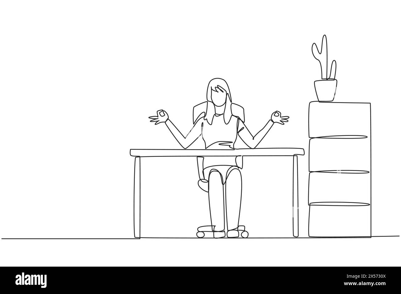 Continuous one line drawing woman sitting in work chair with her fingers rounded. Like doing yoga movements. Looking for peace of mind. Overtime on we Stock Vector