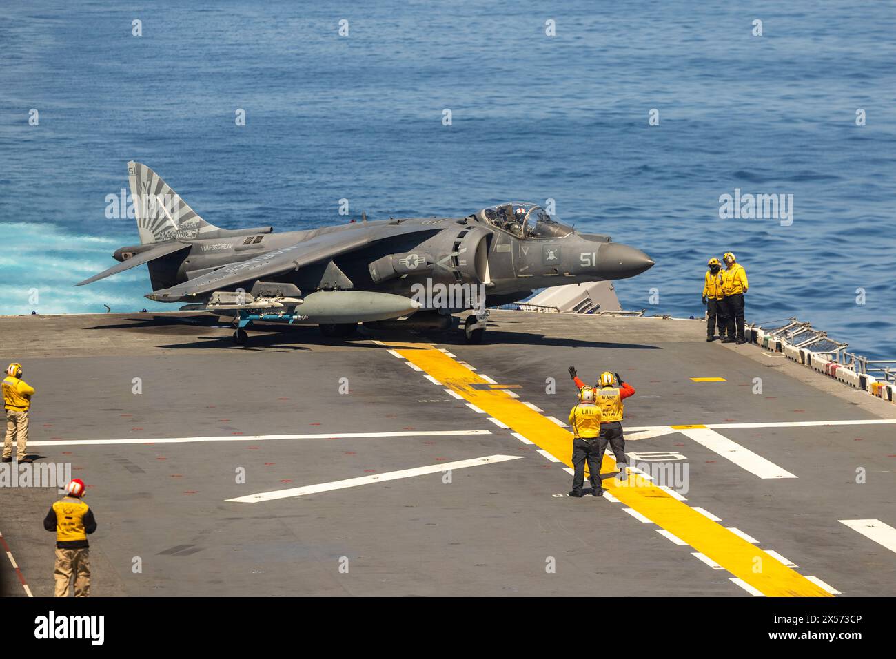 Atlantic Ocean, United States. 01 May, 2024. A U.S. Marine Corps AV-8B Harrier fighter aircraft with the Blue Knights of Marine Medium Tiltrotor Squadron 365, prepares for takeoff from the flight deck of the Wasp-class amphibious assault ship USS Wasp during Composite Training Unit Exercise, May 1, 2024 on the Atlantic Ocean.  Credit: LCpl. John Allen/U.S. Marines Photo/Alamy Live News Stock Photo