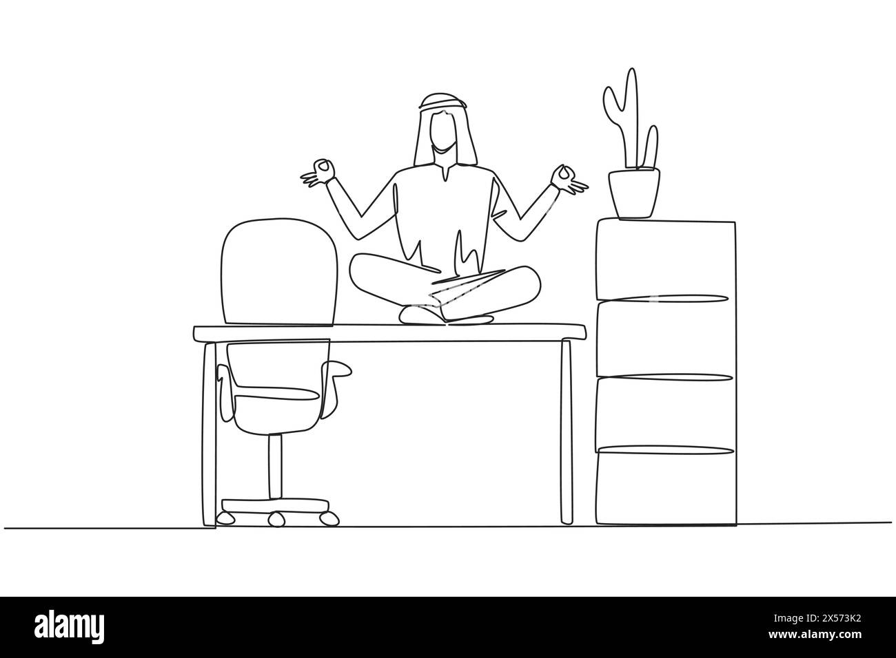 Single one line drawing Arabian man sitting cross-legged on a work desk. Requires calm in thinking. Can't be careless. Relaxing the mind. Stretching b Stock Vector