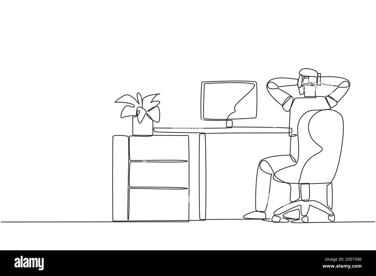 Single one line drawing robot sitting in chair with his hands holding ...