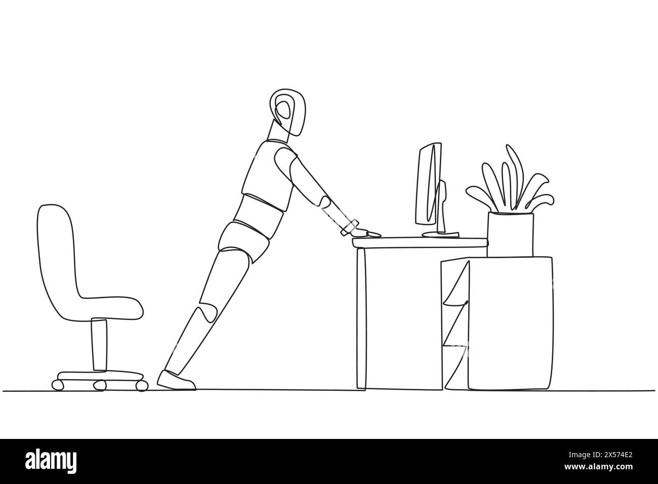 Single one line drawing robot do push up movements by holding edge of