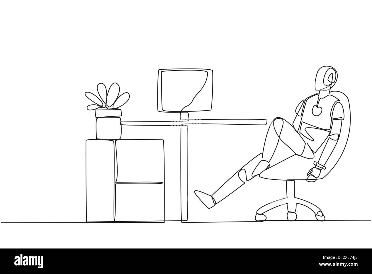 Continuous one line drawing robot sits in work chair with one of legs ...