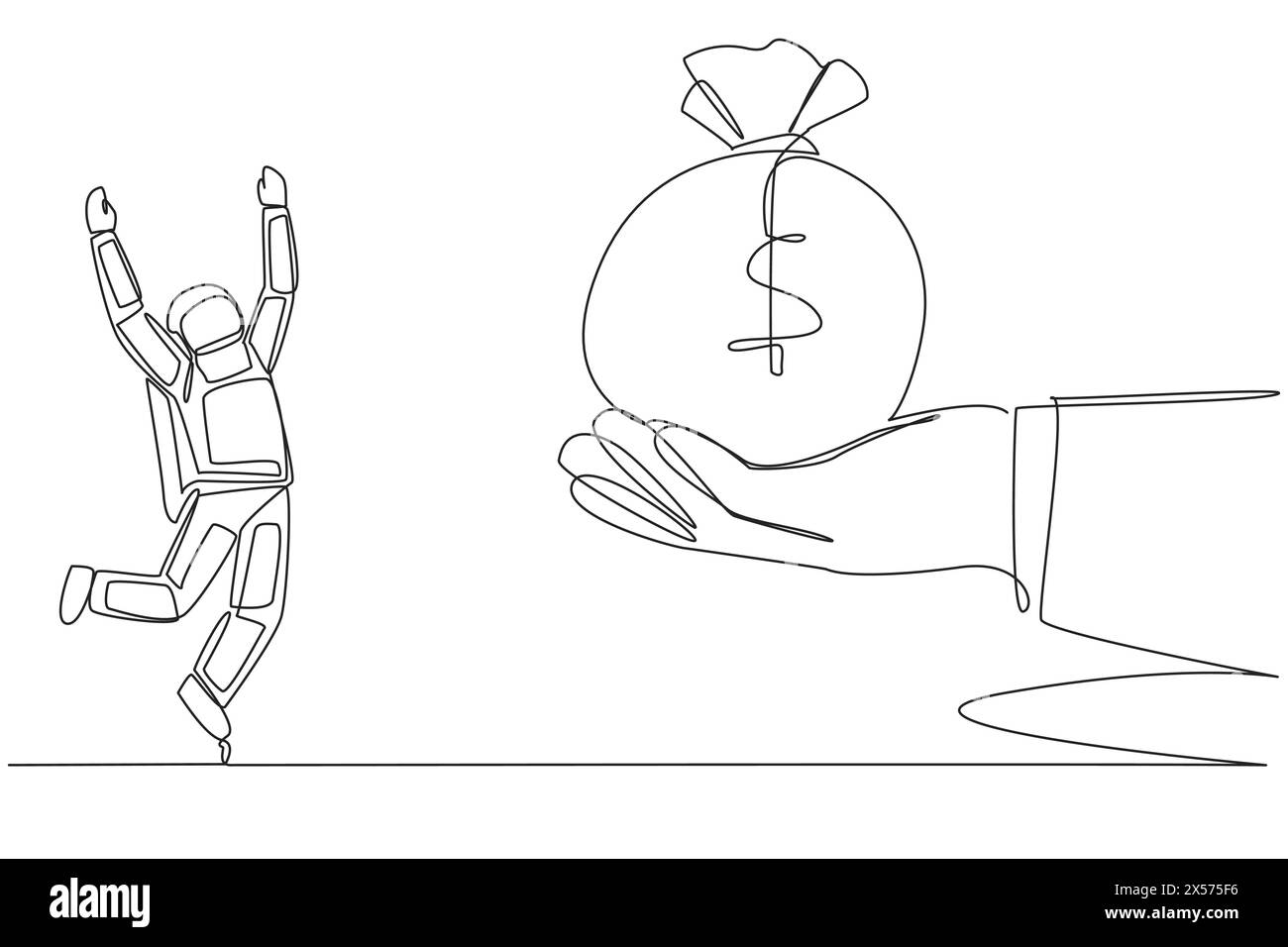Single one line drawing astronaut was excited to get the money bag from ...