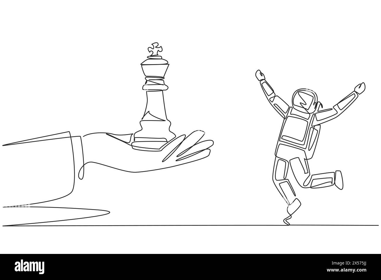 Continuous one line drawing astronaut excited to get king's chess piece ...