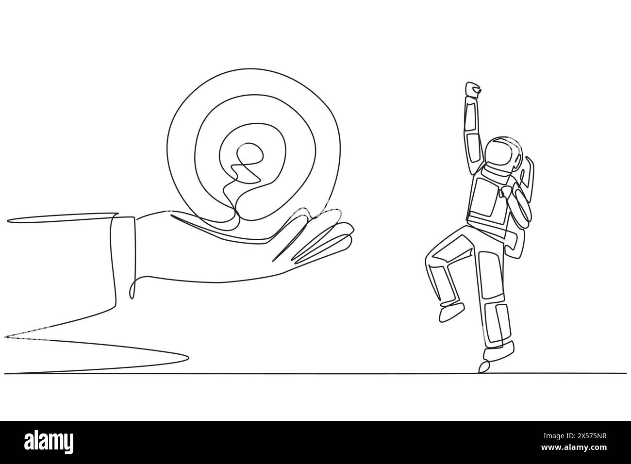 Single continuous line drawing astronaut was excited to get the arrow ...