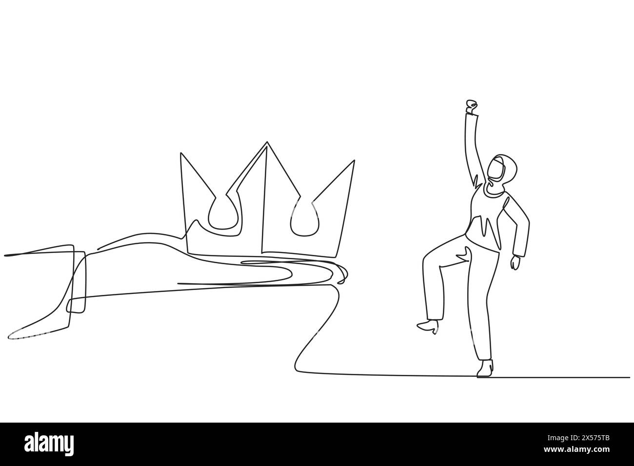 Single continuous line drawing Arabian businesswoman happy to get the crown from the giant hand. Throne. Prestige awards. Great trust. Build a busines Stock Vector