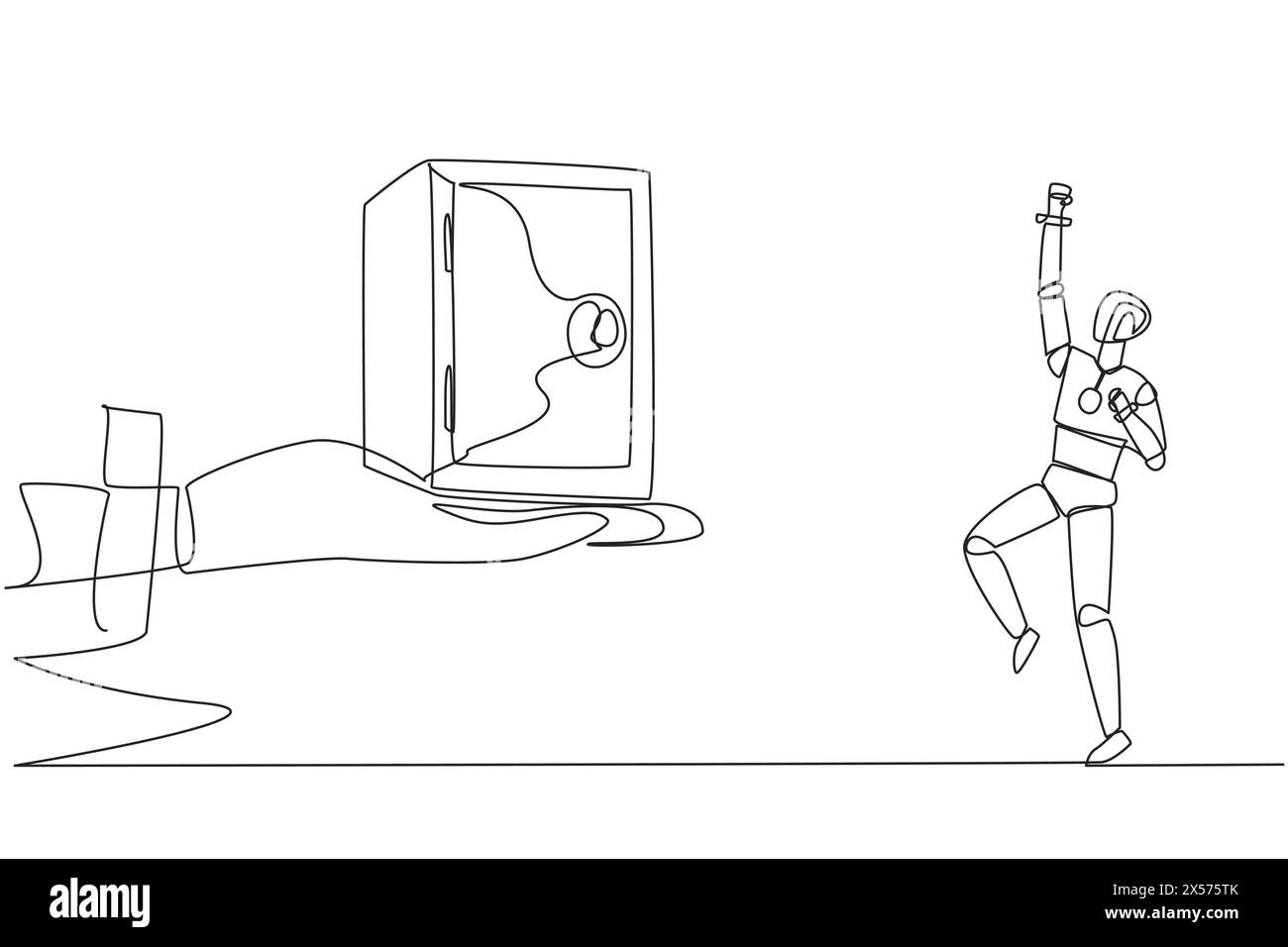 Single one line drawing a robot excited to get a safe deposit box from ...