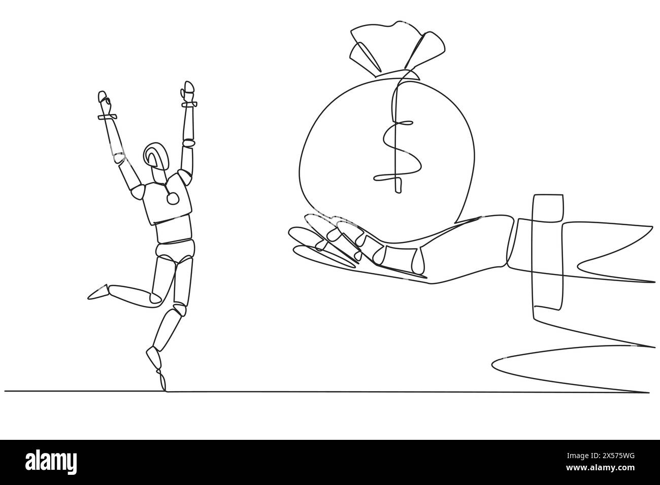 Single one line drawing a smart robot was excited to get the money bag ...
