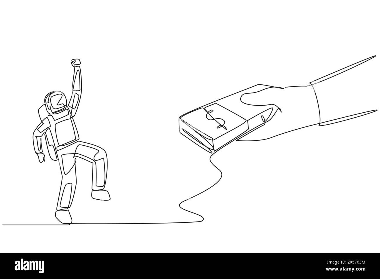 Single continuous line drawing astronaut excited to get a stack of ...