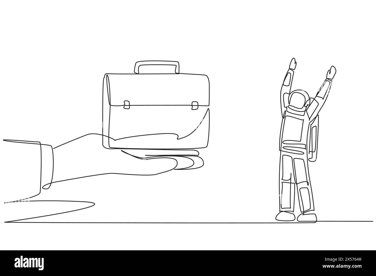 Single one line drawing astronaut was excited to get the briefcase from