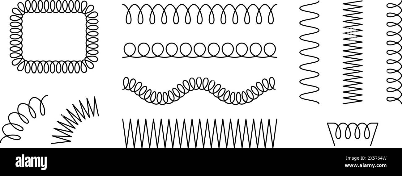 Set of spiral springs. Black metal wire coil collection. Thin spiral frames, zigzag lines, wire waves, flexible coils and arch element pack for graphic design templates, decor. Vector bundle Stock Vector