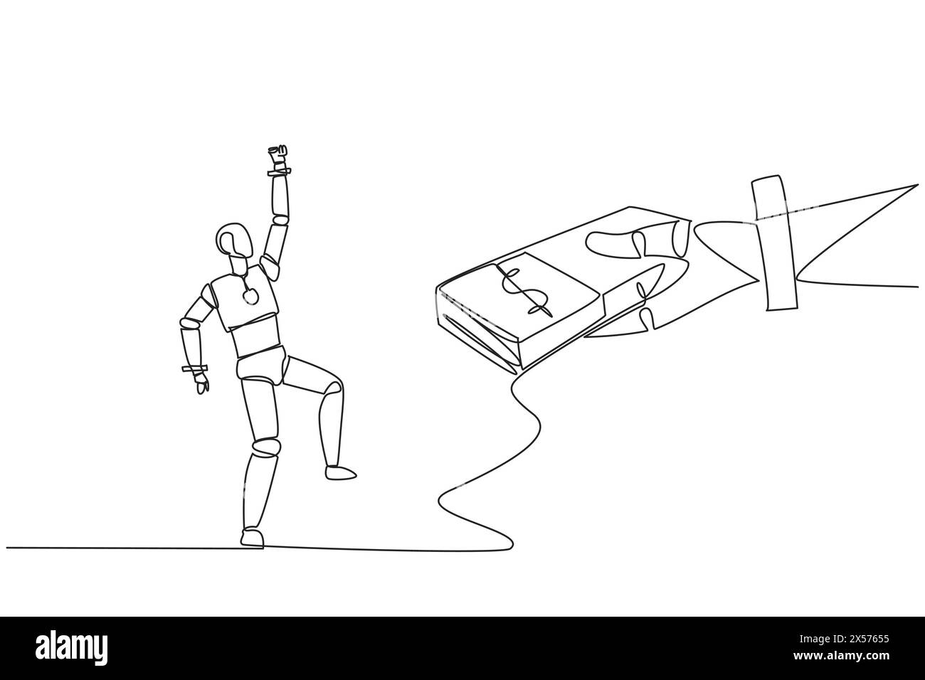 Single one line drawing a robot excited to get a stack of banknotes ...