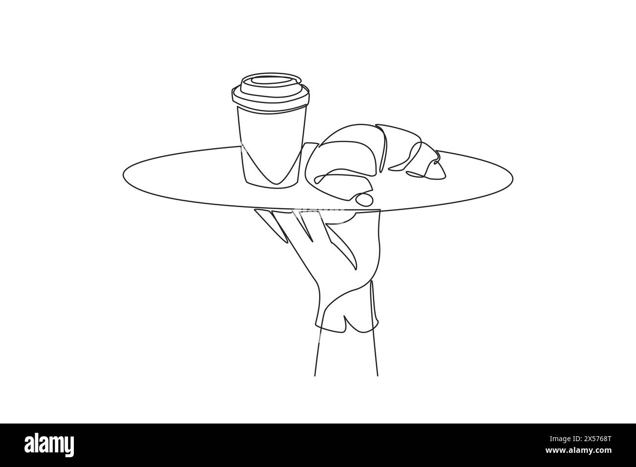 Continuous one line drawing the waiter holds a food tray serving croissants and paper coffee cup. Included in the dry cake category. Typical French pa Stock Vector